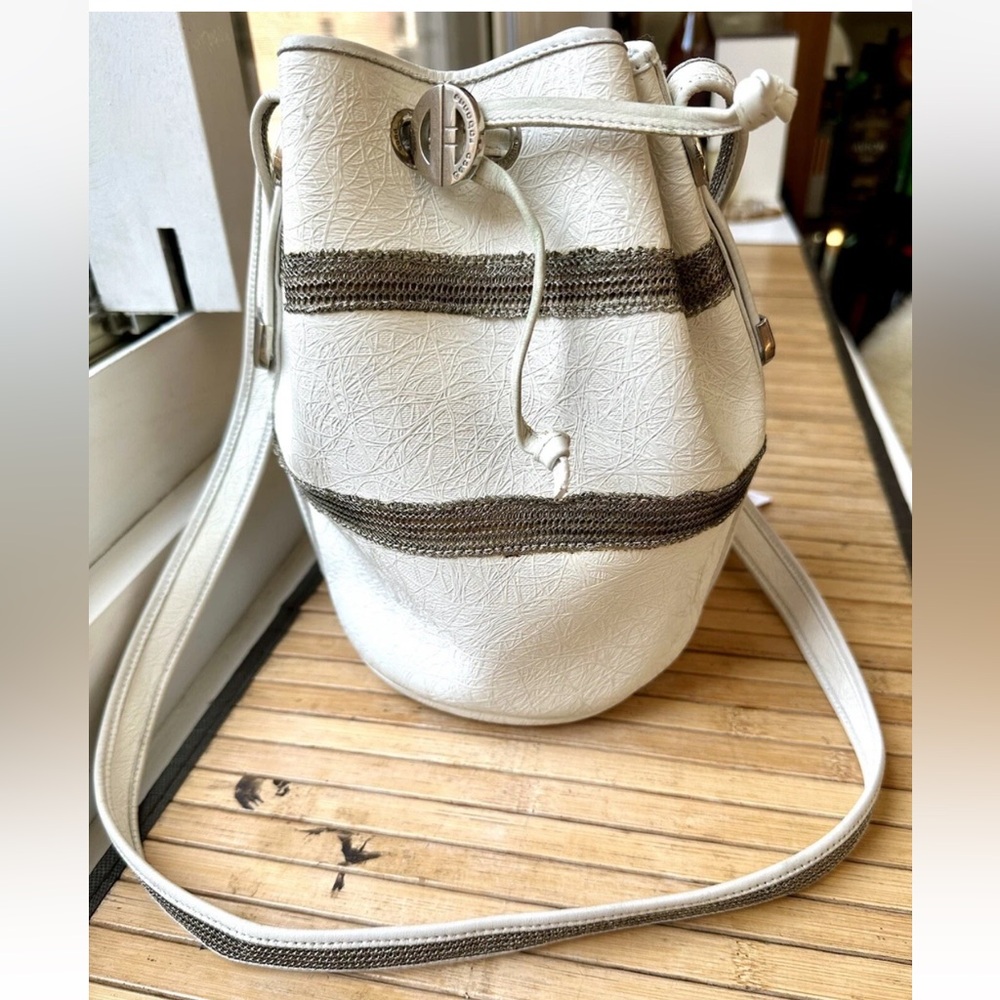 Vintage 1960s Paco Rabanne white silver drawstring bucket Shoulder/crossbody Bag